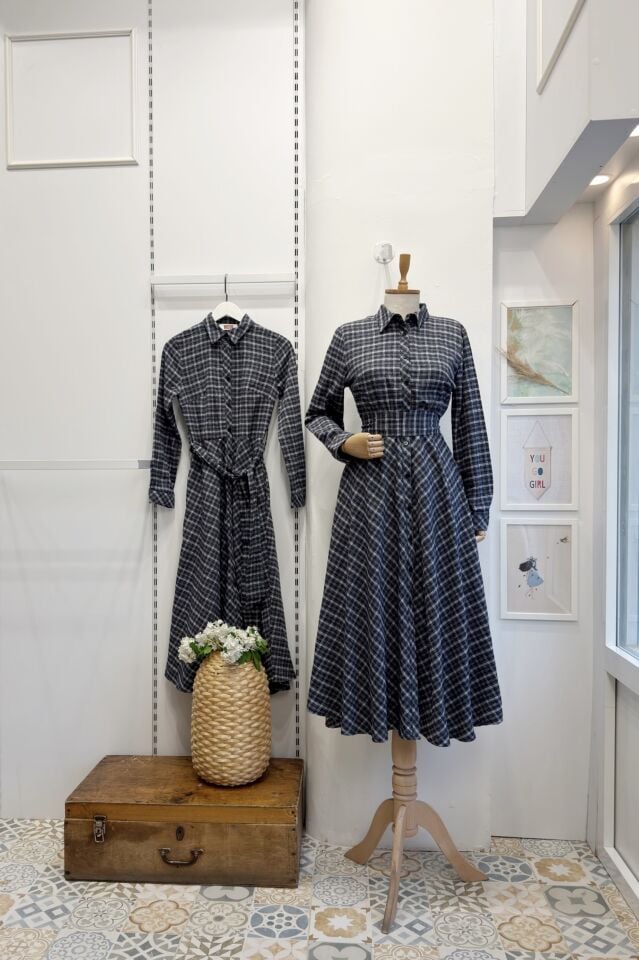 Minik Ekoseli Antrasit Lacivert Elbise