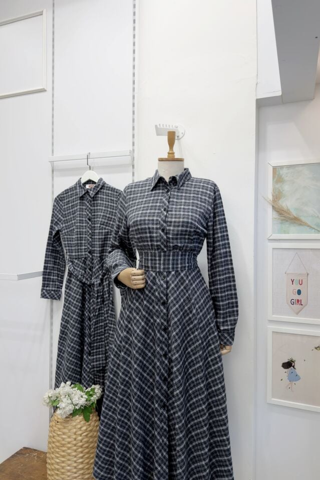 Minik Ekoseli Antrasit Lacivert Elbise