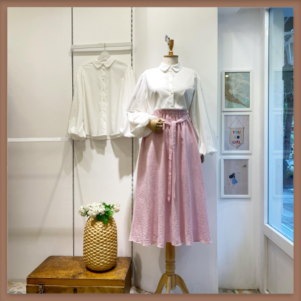 Pembe Kuşak Detaylı Texture Etek