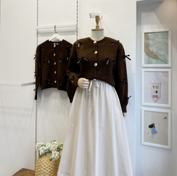 Gold Düğmeli Kahverengi Kurdele İşli Hırka