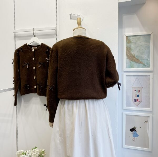 Gold Düğmeli Kahverengi Kurdele İşli Hırka