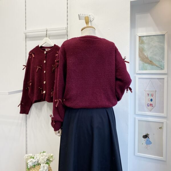 Gold Düğmeli Bordo Kurdele İşli Hırka