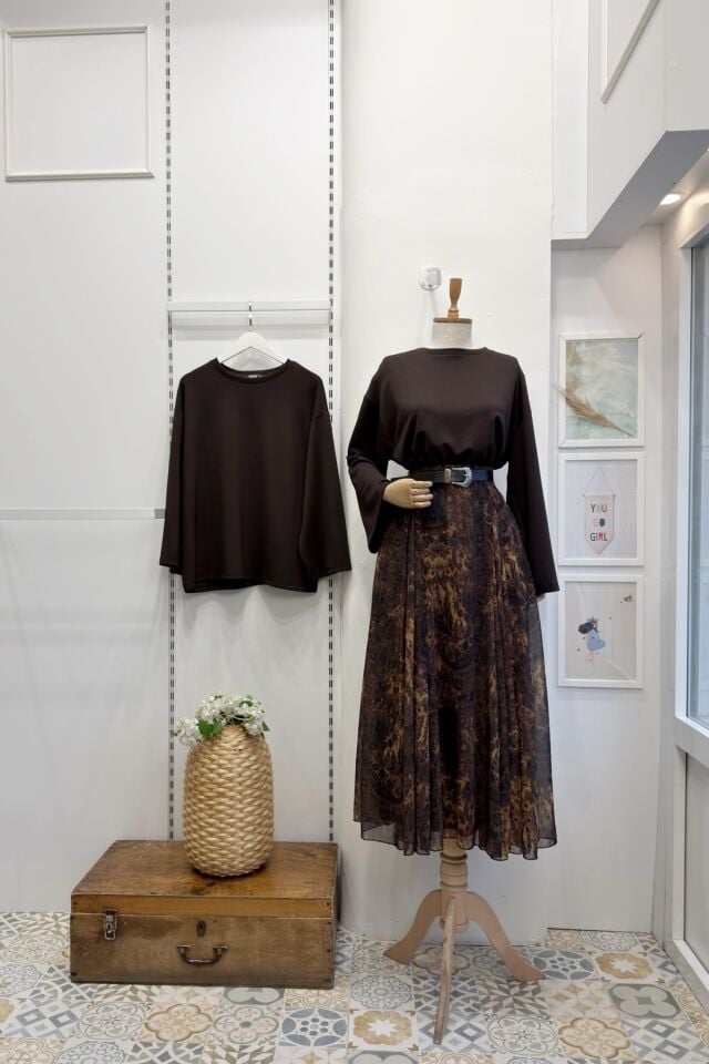 Beli Fermuarlı Sante Desenli Kahverengi Şifon Etek