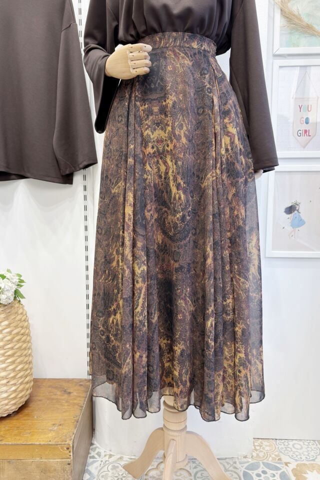 Beli Fermuarlı Sante Desenli Kahverengi Şifon Etek