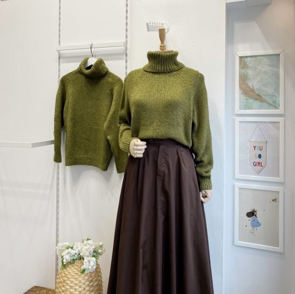 Balıkçı Yaka Yeşil Oversize Kazak