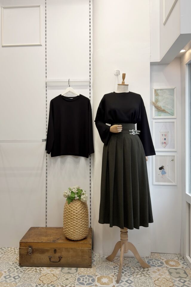 Haki Yeşili Kemer Detaylı Pötikare Solenne Etek