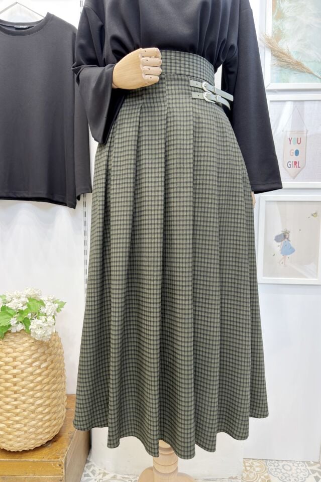 Haki Yeşili Kemer Detaylı Pötikare Solenne Etek