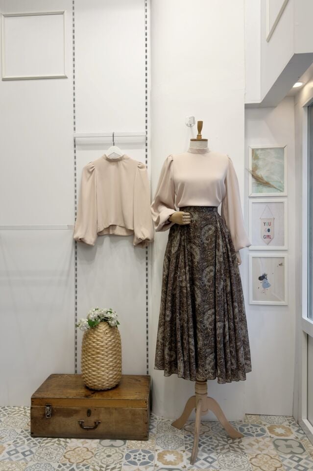 Beli Fermuarlı Kaşmir Desenli Kahverengi Şifon Etek