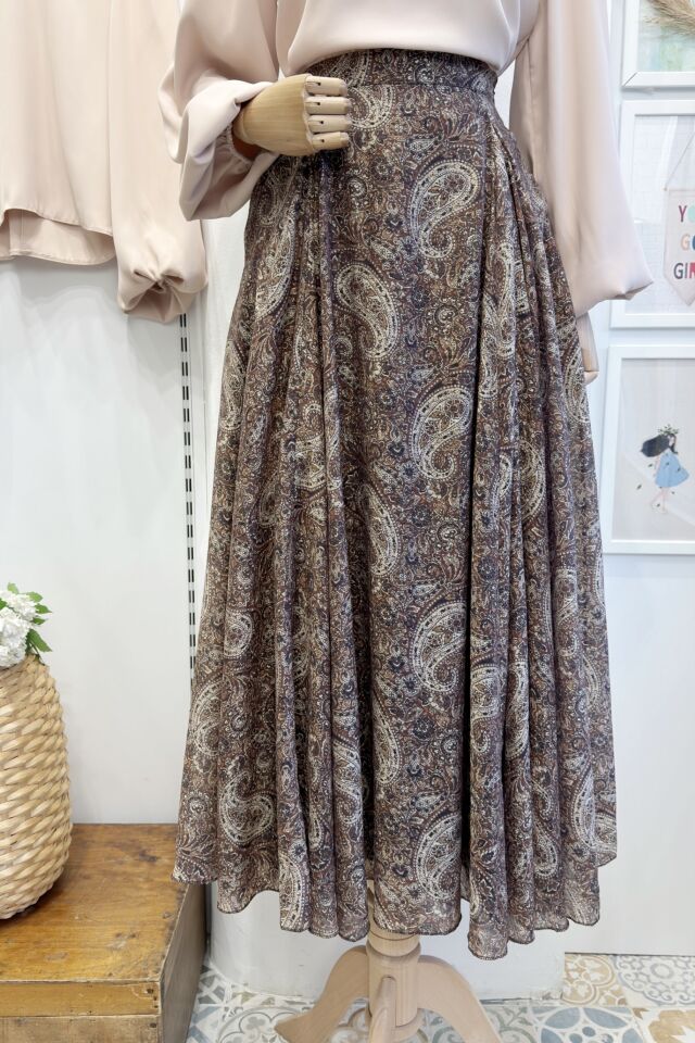 Beli Fermuarlı Kaşmir Desenli Kahverengi Şifon Etek