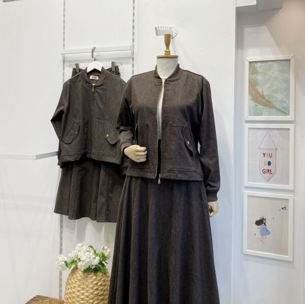 Kahverengi Fermuar Detaylı Kot Takım