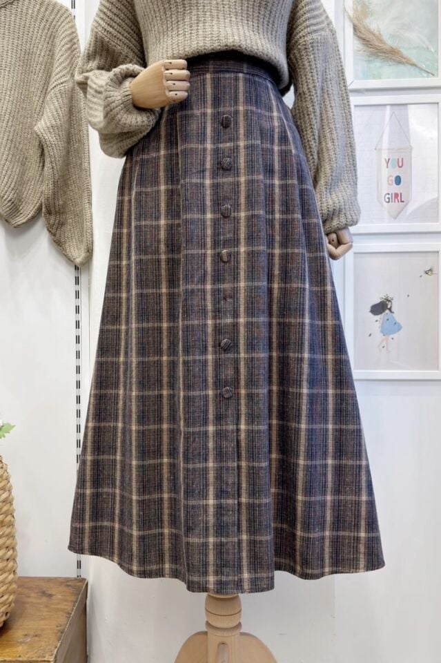 Kahverengi Rosetta Ekose Desenli Etek