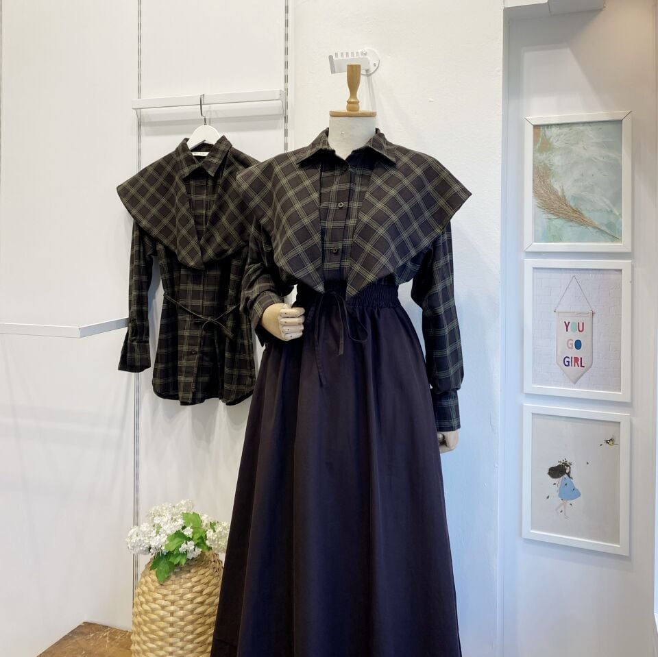 Acı Kahve Ekose Desenli Pelerin Eklemeli Gömlek