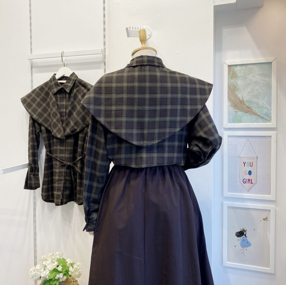 Acı Kahve Ekose Desenli Pelerin Eklemeli Gömlek