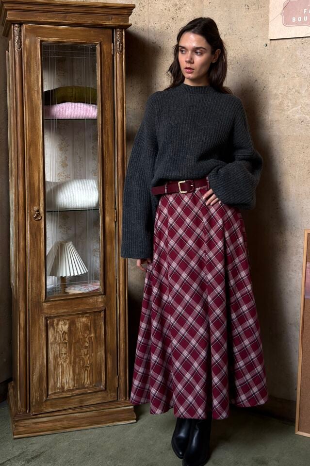 Kırmızı Ekose Desen Harriet Etek