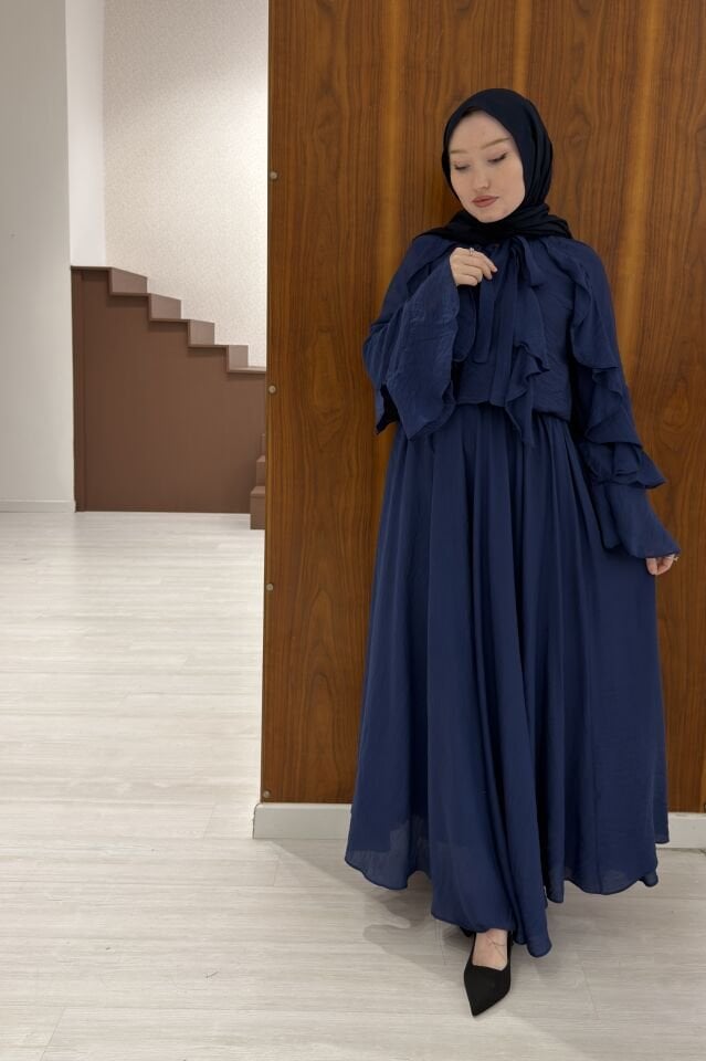 Lacivert İspanyol Kol Mimosa Şifon Takım