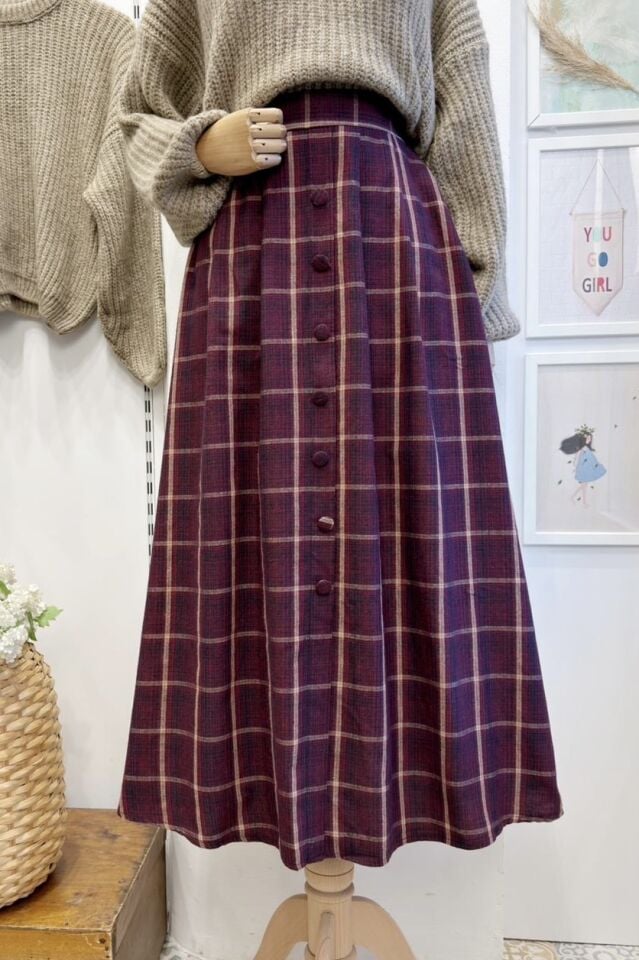 Bordo Rosetta Ekose Desenli Etek