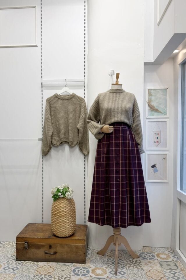 Bordo Rosetta Ekose Desenli Etek