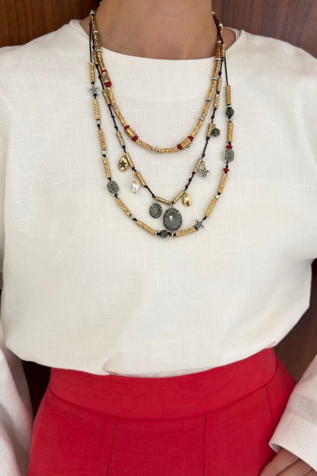 Üçlü Antik Crystalin Kolye