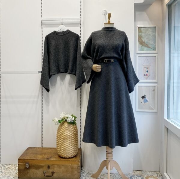 Antrasit Kemerli Kaşe Kloş Etek