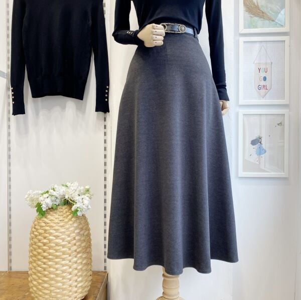 Antrasit Kemerli Kaşe Kloş Etek