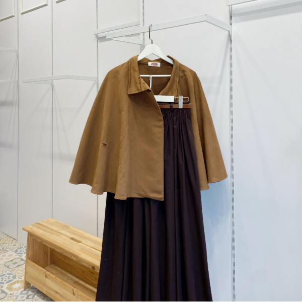 Camel Süet Kumaş Pelerin Ceket