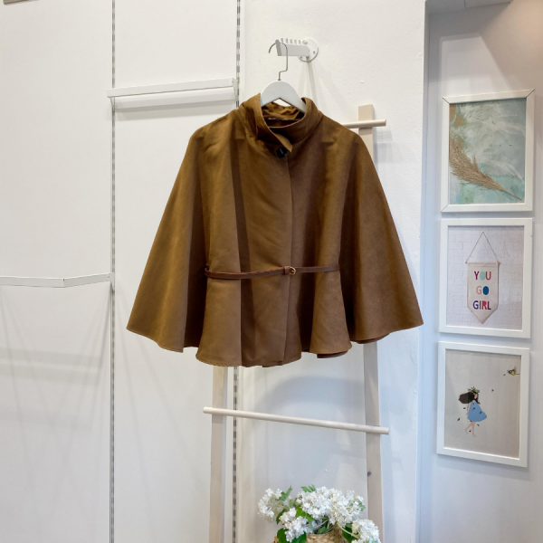 Camel Süet Kumaş Pelerin Ceket