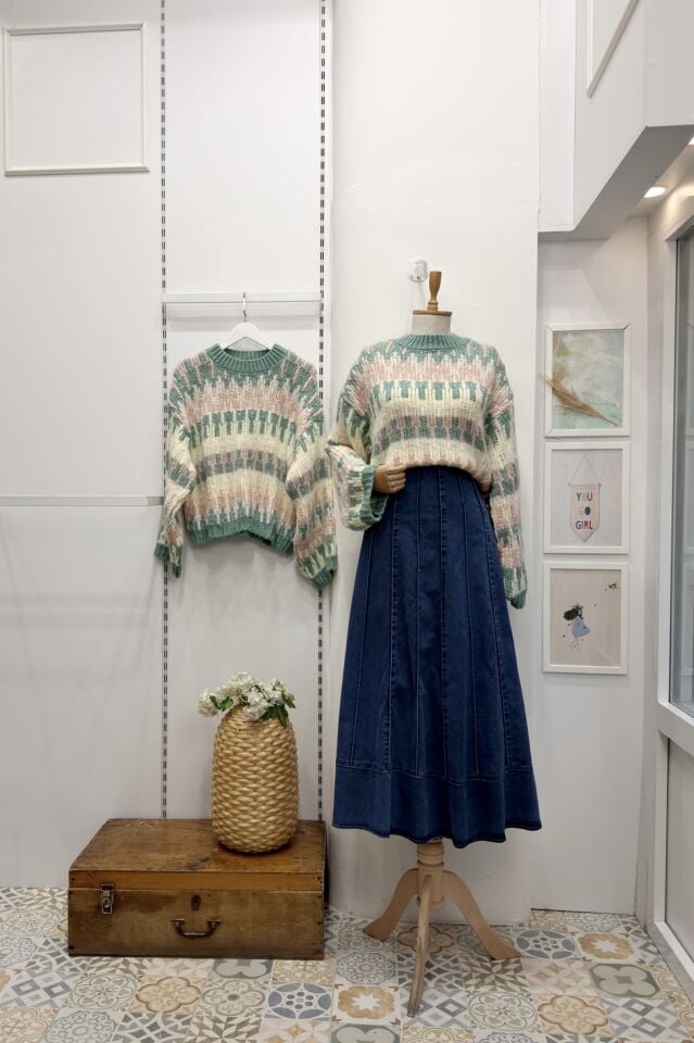 Mint Yeşili Pembe Alaca Desenli Sable Kazak