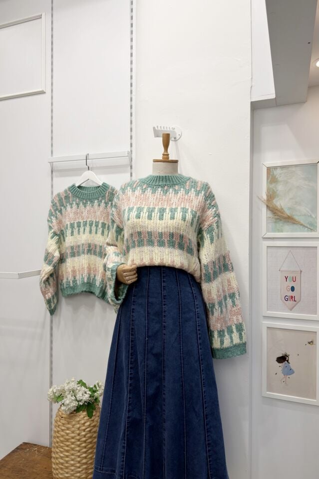 Mint Yeşili Pembe Alaca Desenli Sable Kazak