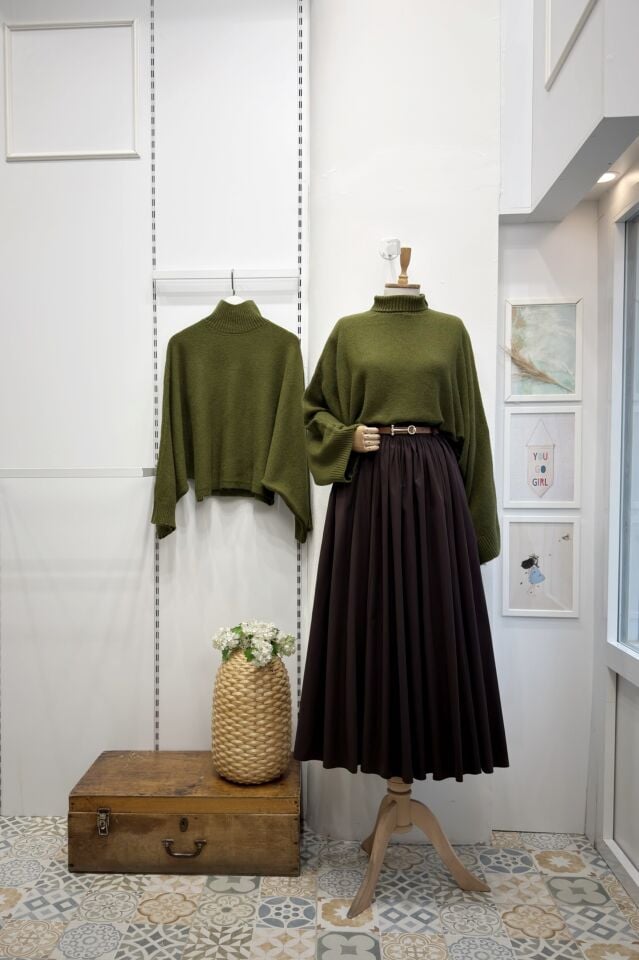 Acı Kahve Kemerli Sık Pileli Etek