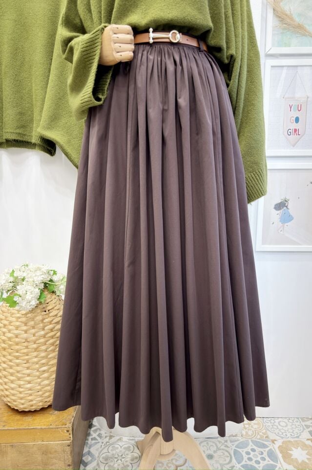 Acı Kahve Kemerli Sık Pileli Etek