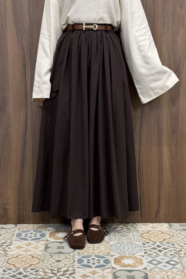 Acı Kahve Kemerli Sık Pileli Etek