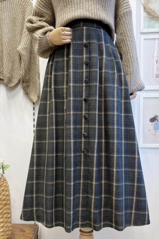 Haki Yeşili Rosetta Ekose Desenli Etek