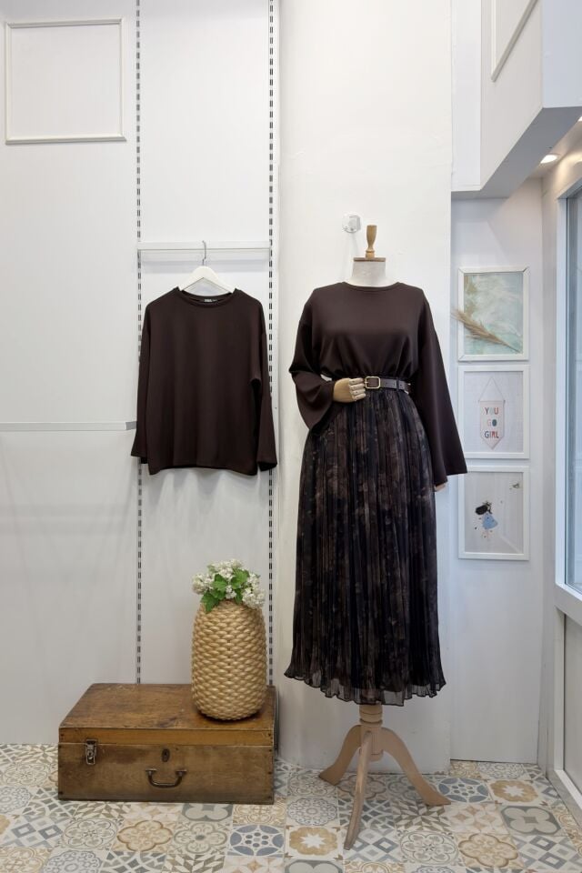 Kahverengi Kemer Detaylı Soft Desenli Şifon Etek