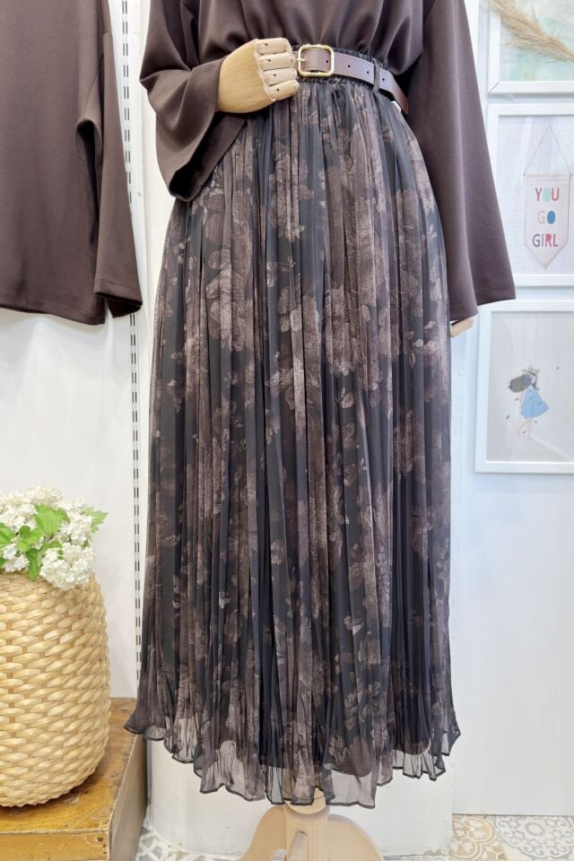 Kahverengi Kemer Detaylı Soft Desenli Şifon Etek