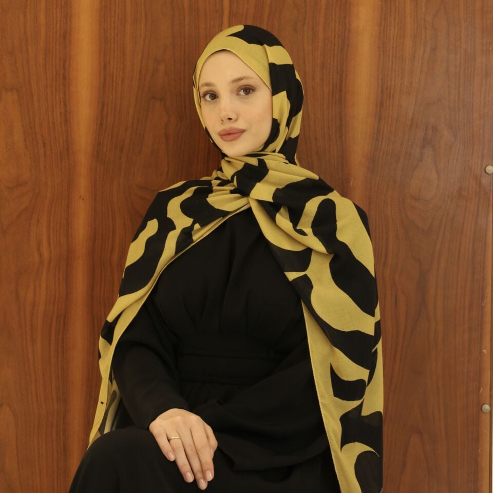 Lane Sarı Siyah Desenli Şal