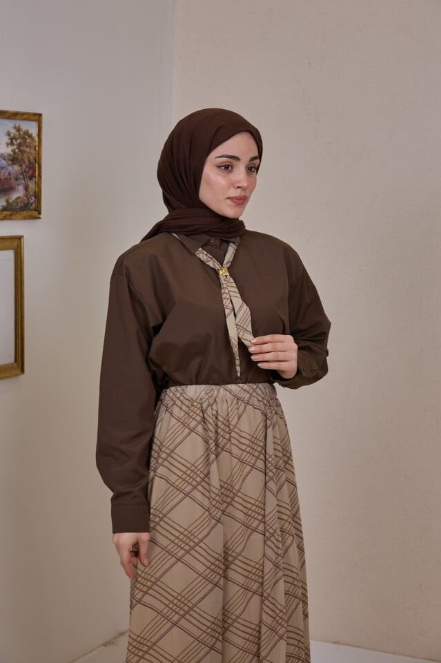 Koyu Vizon Şifon Etekli Artician Takım