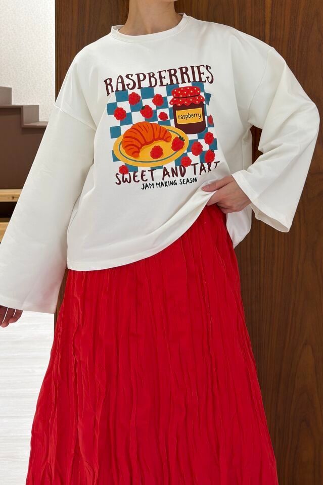Kruvasan Baskılı Beyaz Oversize Bluz