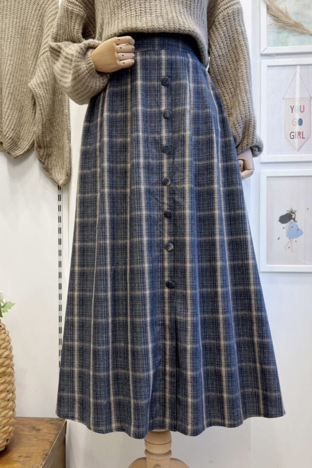 Lacivert Rosetta Ekose Desenli Etek