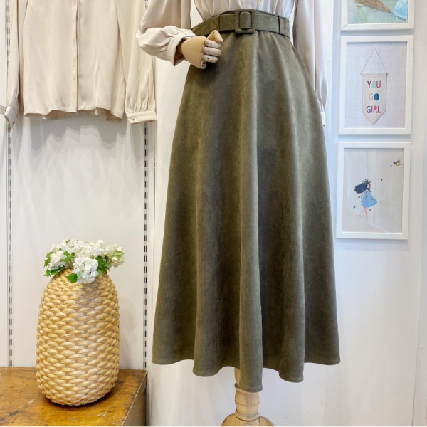 Haki Yeşili Süet Velours Etek