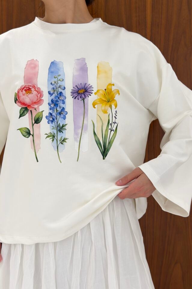Flower Baskılı Beyaz Oversize Bluz