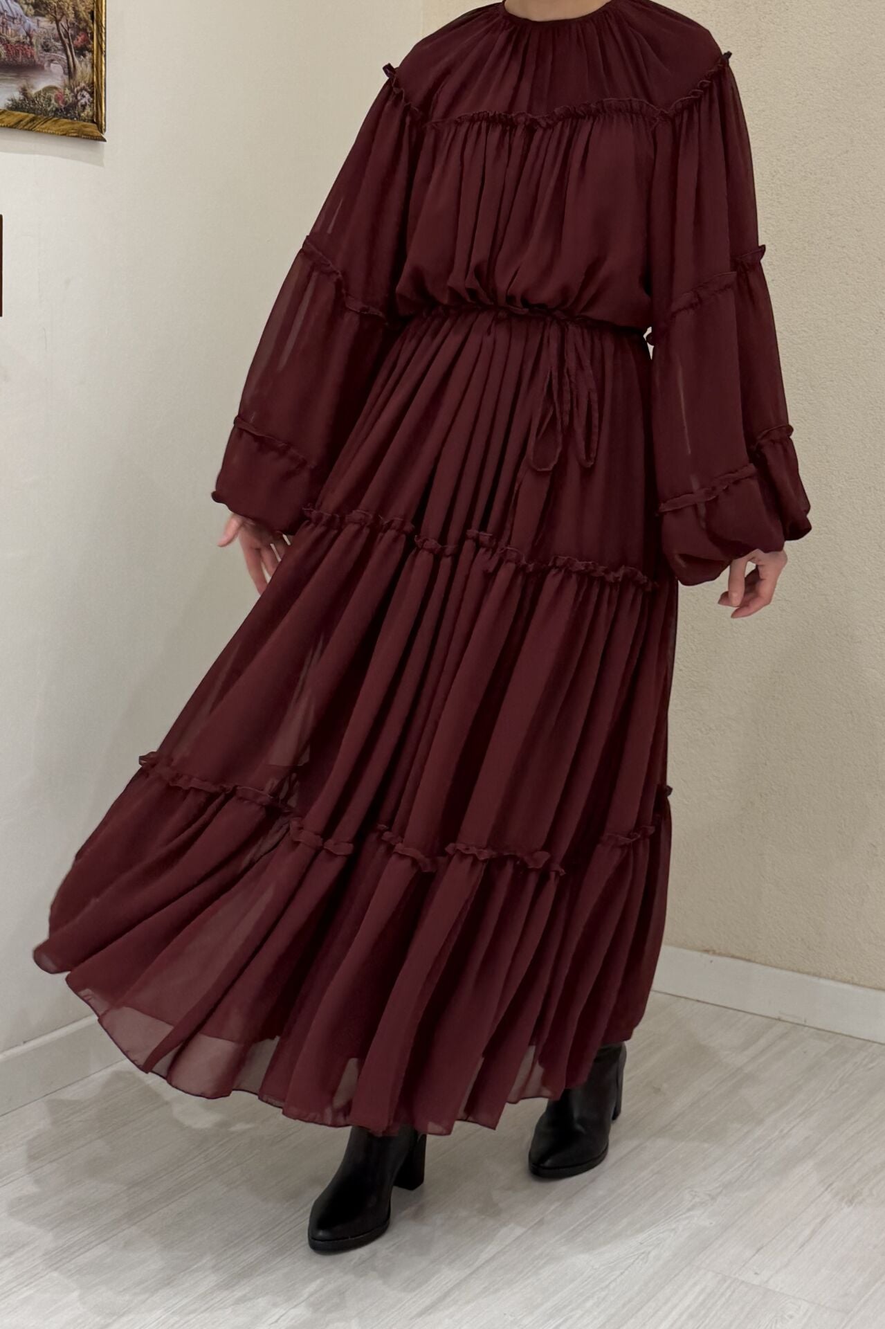 Bordo Desert Kat Kat Şifon Elbise