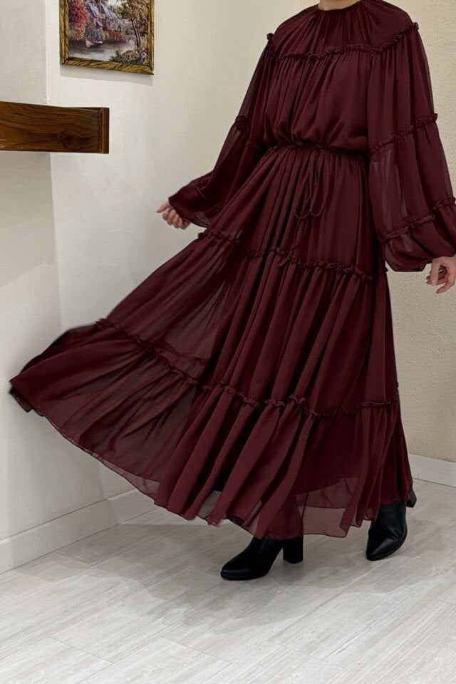 Bordo Desert Kat Kat Şifon Elbise
