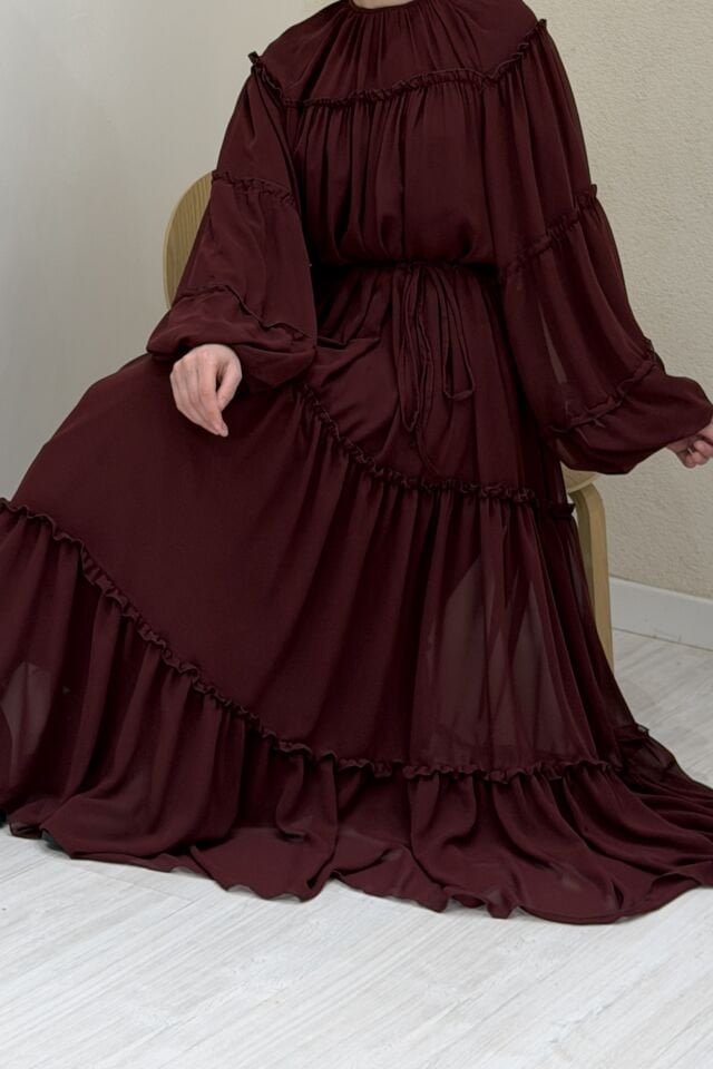 Bordo Desert Kat Kat Şifon Elbise