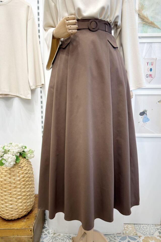 Kahverengi Pile Detaylı Senriss Etek