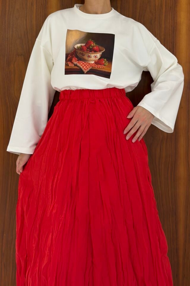 Strawberry Baskılı Beyaz Oversize Bluz