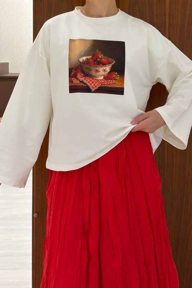 Strawberry Baskılı Beyaz Oversize Bluz