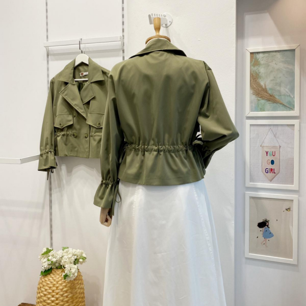 Haki Yeşili Beli Büzgülü Kısa Trençkot