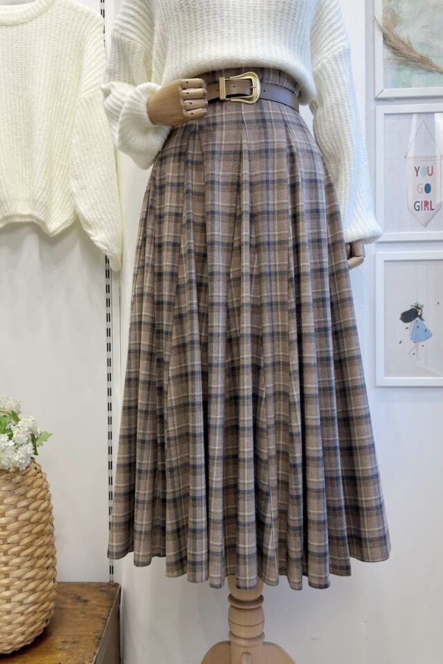 Saman Sarı Deri Kemerli Ekoseli Grazia Etek