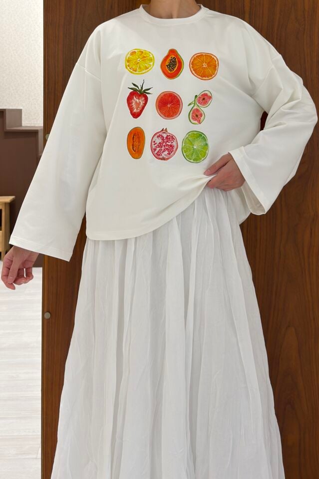Fruits Baskılı Beyaz Oversize Bluz