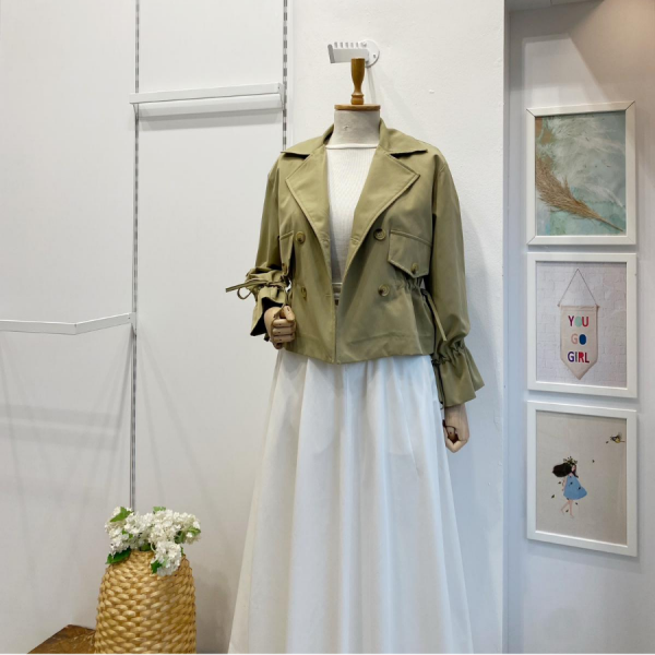 Çağla Yeşili Beli Büzgülü Kısa Trençkot